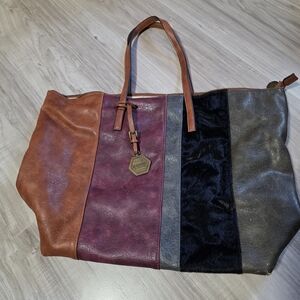 Colorblock Leather Tote Bag in Brown, Burgundy, Gray and Black